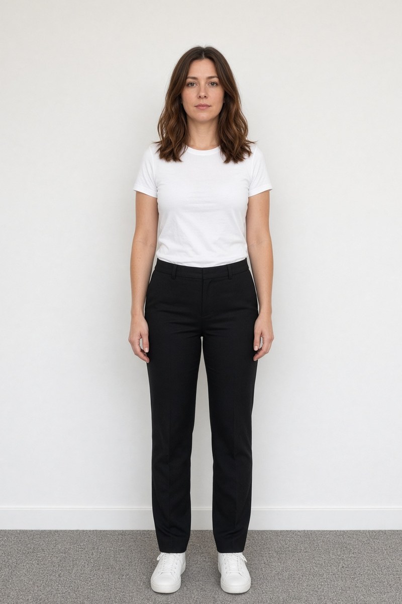 Somebody standing against a plain wall in a white t-shirt and black trousers