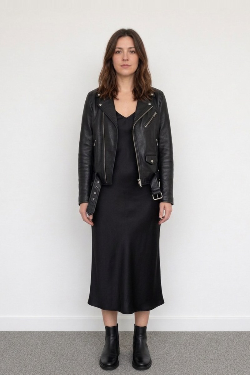 A leather biker jacket over a black slip dress