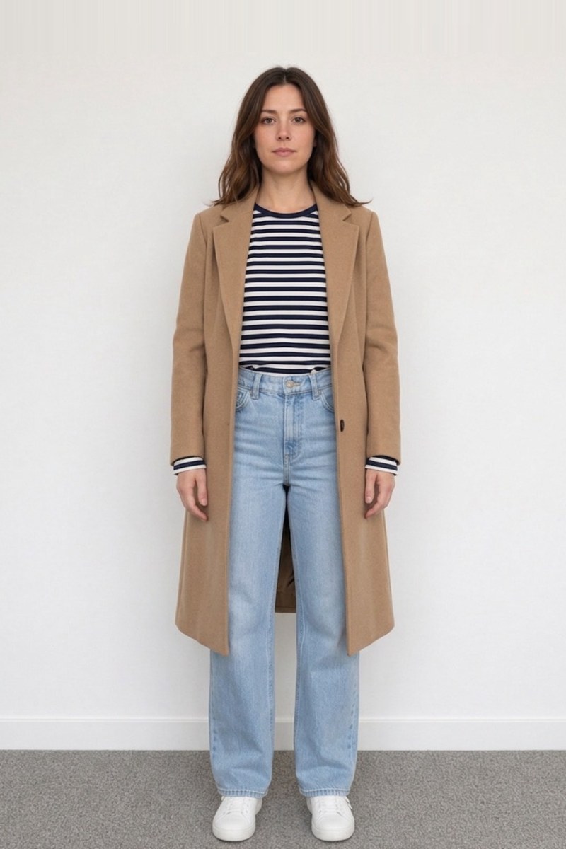 A camel coat over a striped top and light jeans