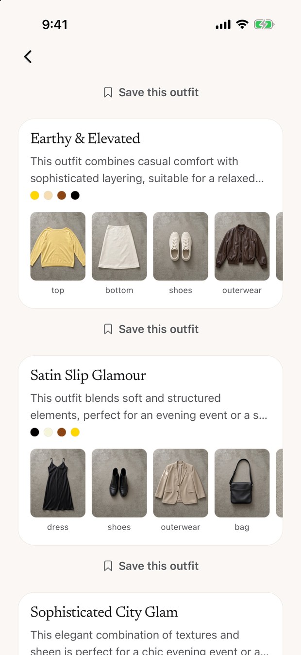 Outfit suggestions assembled from clothes already owned